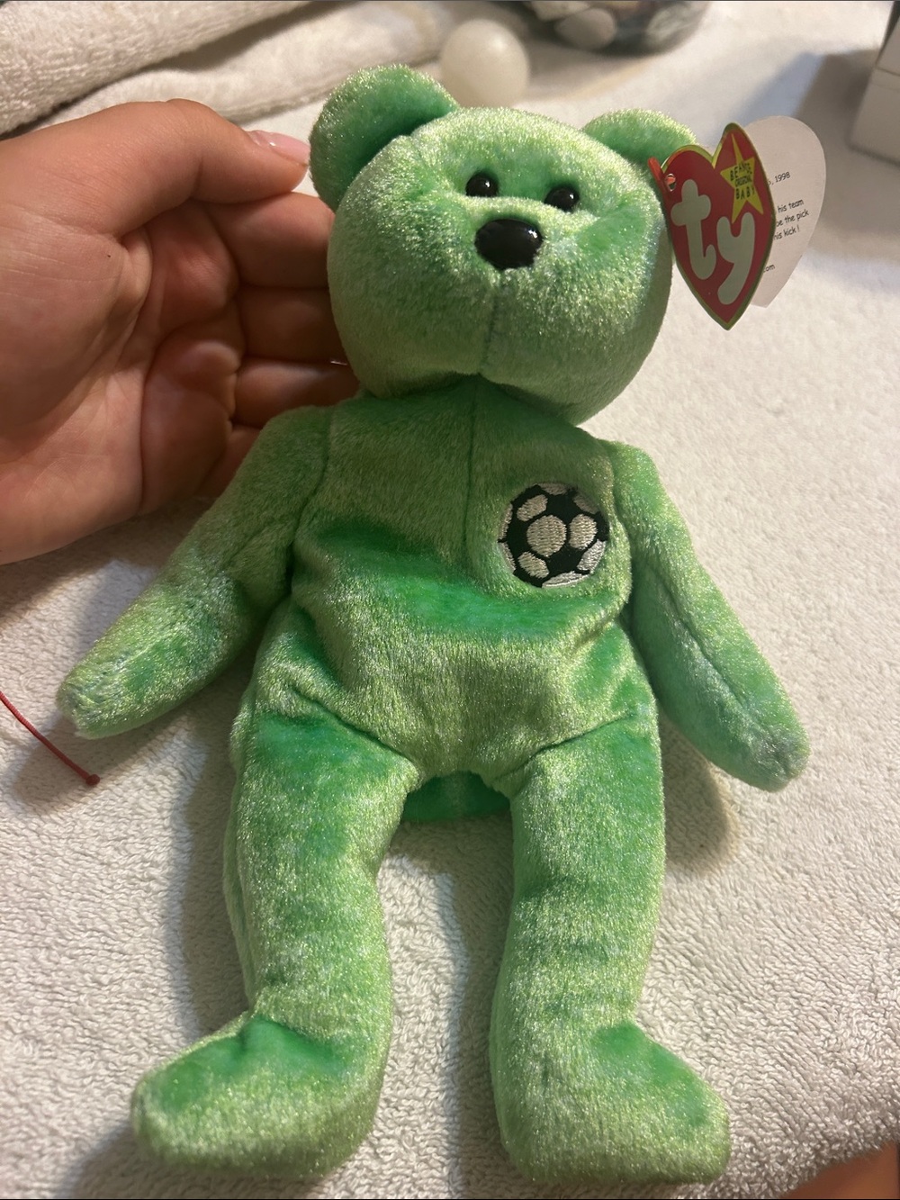 Ty Green Soccer Bear Plush with Embroidered Ball